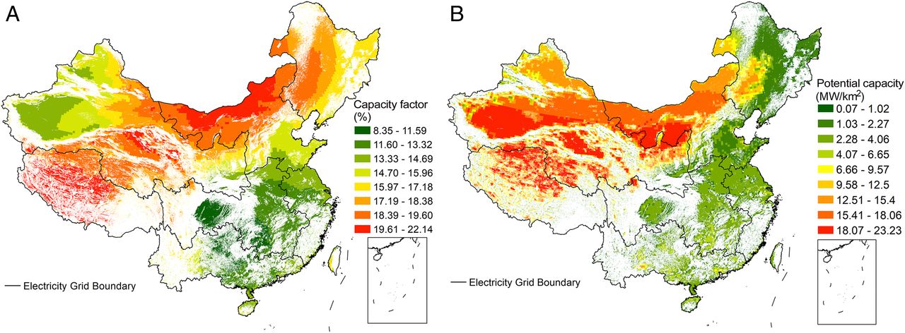 20211012-星空体育环境学院、碳中和研究院、哈佛大学等联合团队系统解析我国太阳能发电平价路径与并网潜力-鲁玺-图1 光伏发电容量因子(A)及装机潜力(B)分布.jpg